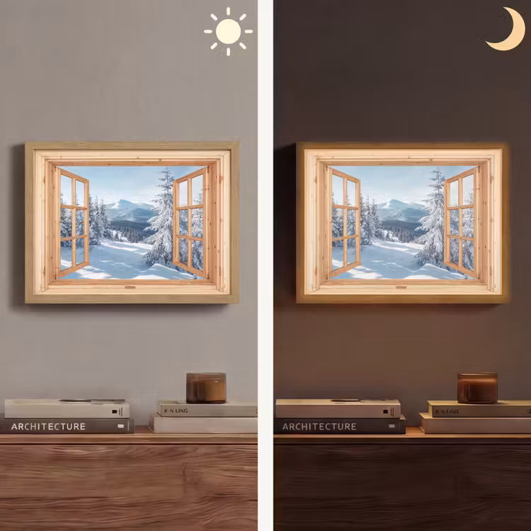 Lightbox - Wandlamp - Doorkijk - Winterlandschap - Natuur - Berg - Bomen - Hout — 6