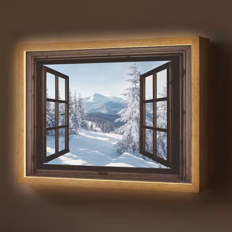 Lightbox - Wandlamp - Winter - Landschap - Natuur - Berg - Bomen - Doorkijk - Uitzicht — 1