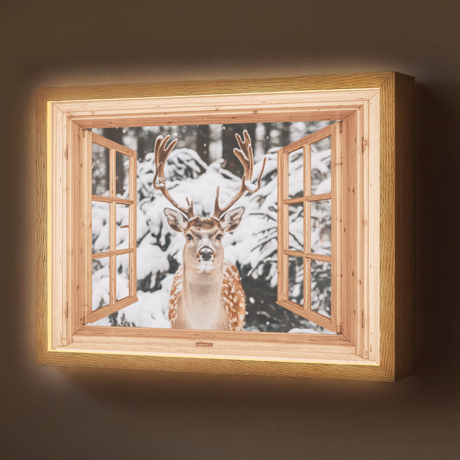 Lightbox - Wandlamp - Doorkijk - Hert - Sneeuw - Winter - Bos - Dieren — 1