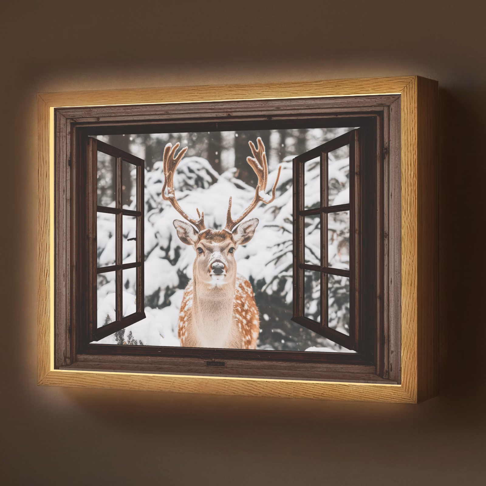 Lightbox - Wandlamp - Hert - Sneeuw - Winter - Bos - Dieren - Doorkijk — 1
