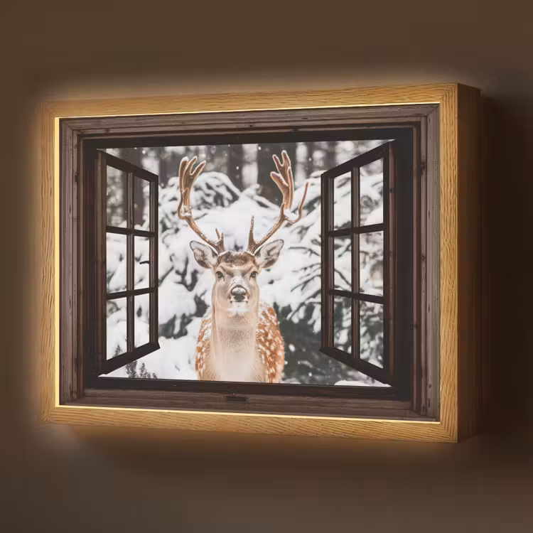 Lightbox - Wandlamp - Hert - Sneeuw - Winter - Bos - Dieren - Doorkijk — 1