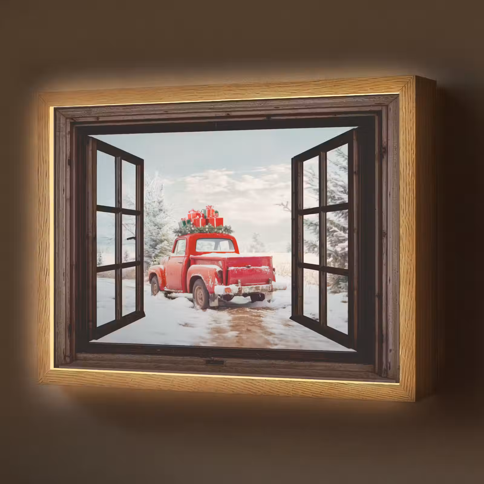 Lightbox - Wandlamp - Doorkijk - Auto - Rood - Cadeaus - Winterlandschap - Kerst — 1