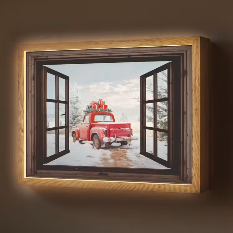 Lightbox - Wandlamp - Doorkijk - Auto - Rood - Cadeaus - Winterlandschap - Kerst — 1