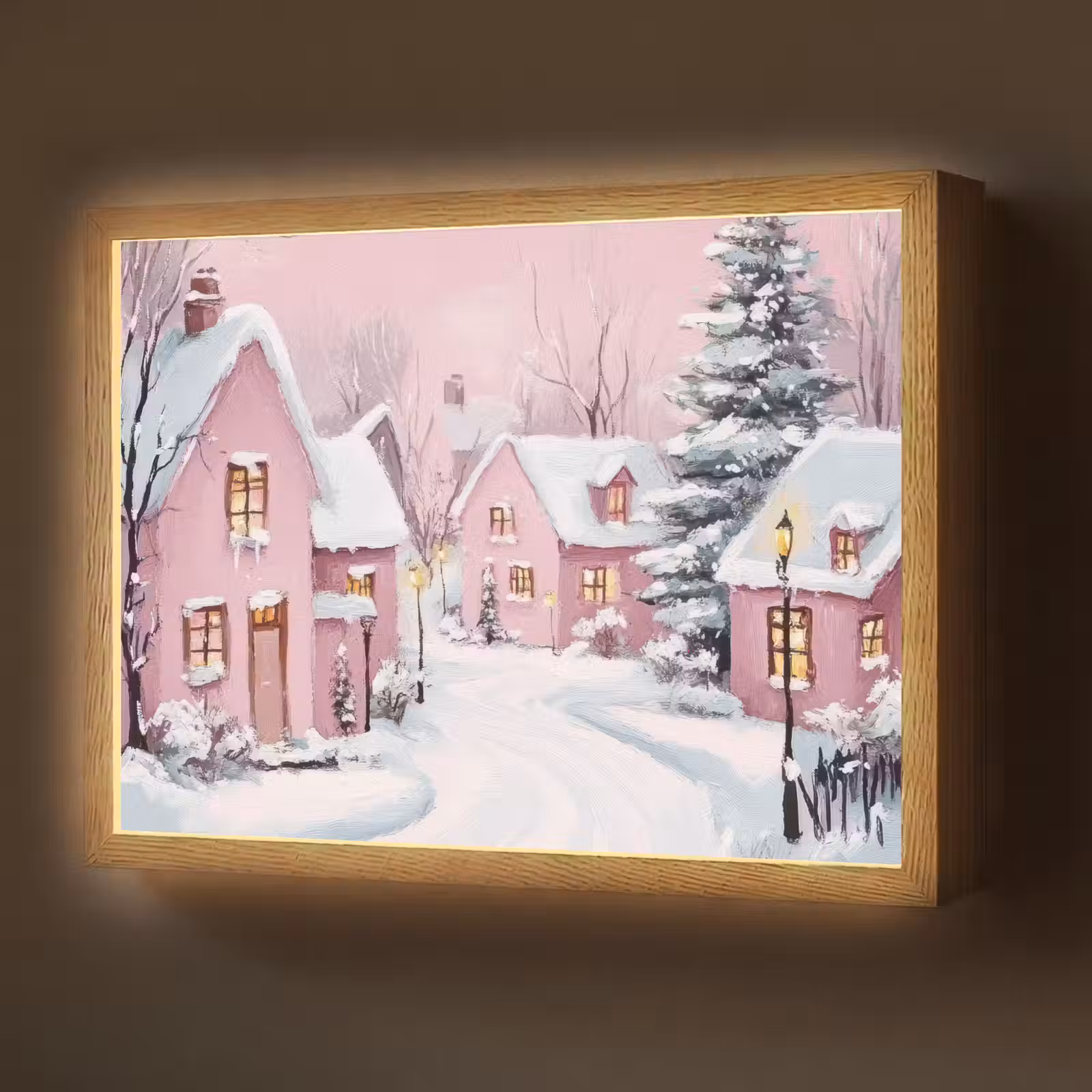 Lightbox - Wandlamp - Kerstdorp - Roze - Winter - Sneeuw - Huizen — 1