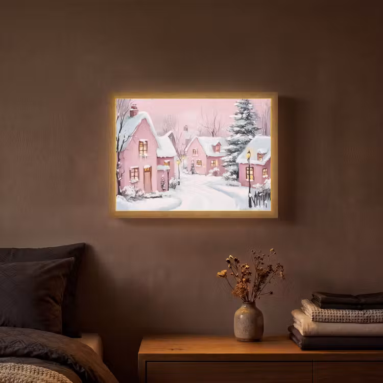 Lightbox - Wandlamp - Kerstdorp - Roze - Winter - Sneeuw - Huizen — 3