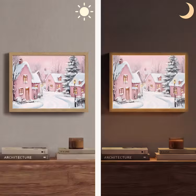 Lightbox - Wandlamp - Kerstdorp - Roze - Winter - Sneeuw - Huizen — 6