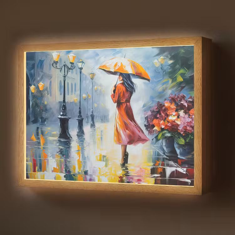 Lightbox - Wandlamp - Olieverf - Paraplu - Vrouw - Straat - Kunst — 1