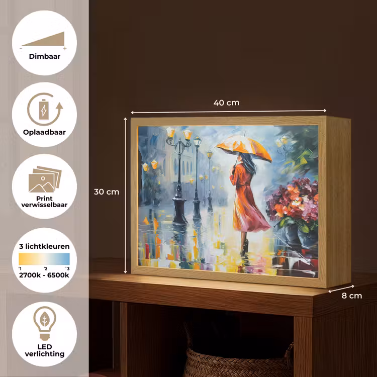 Lightbox - Wandlamp - Olieverf - Paraplu - Vrouw - Straat - Kunst — 10