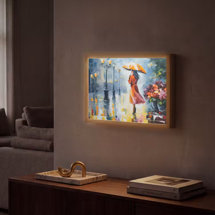 Lightbox - Wandlamp - Olieverf - Paraplu - Vrouw - Straat - Kunst — 2