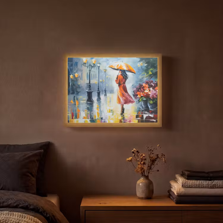 Lightbox - Wandlamp - Olieverf - Paraplu - Vrouw - Straat - Kunst — 3