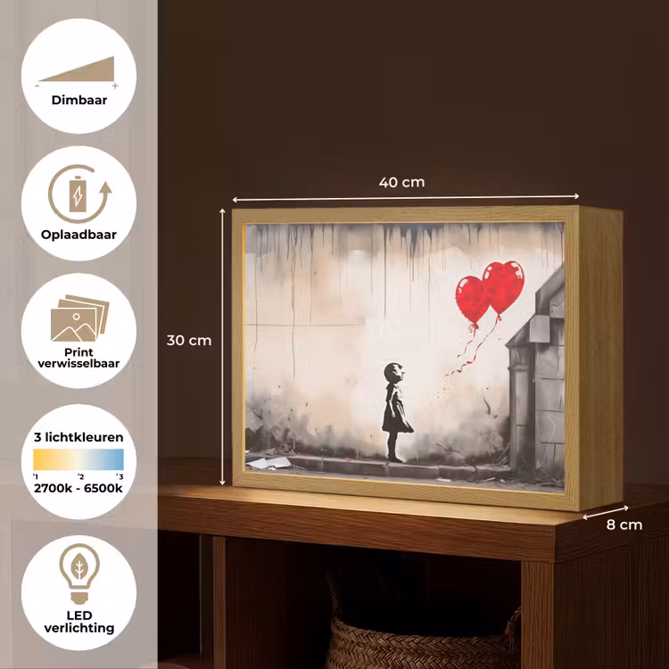 Lightbox - Wandlamp - Kunst - Meisje - Ballonnen - Hart - Grijs — 10