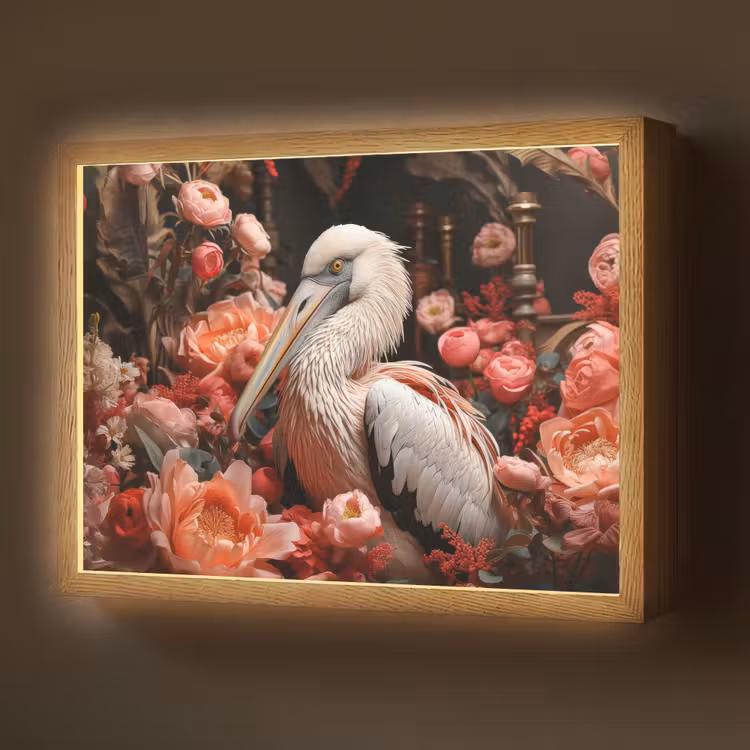 Lightbox - Wandlamp - Pelikaan - Dier - Bloemen - Natuur - Botanisch - Roze — 1