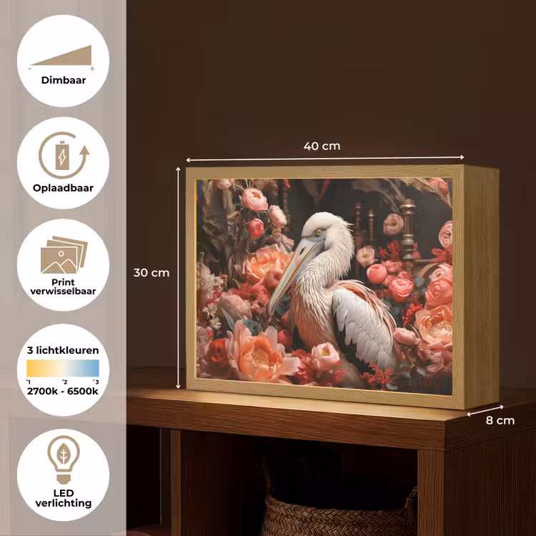 Lightbox - Wandlamp - Pelikaan - Dier - Bloemen - Natuur - Botanisch - Roze — 10
