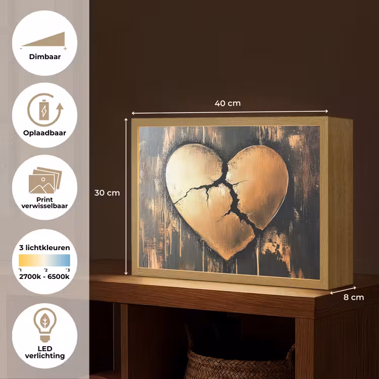 Lightbox - Wandlamp - Gebroken hart - Goud - Houtlook - Liefde — 10