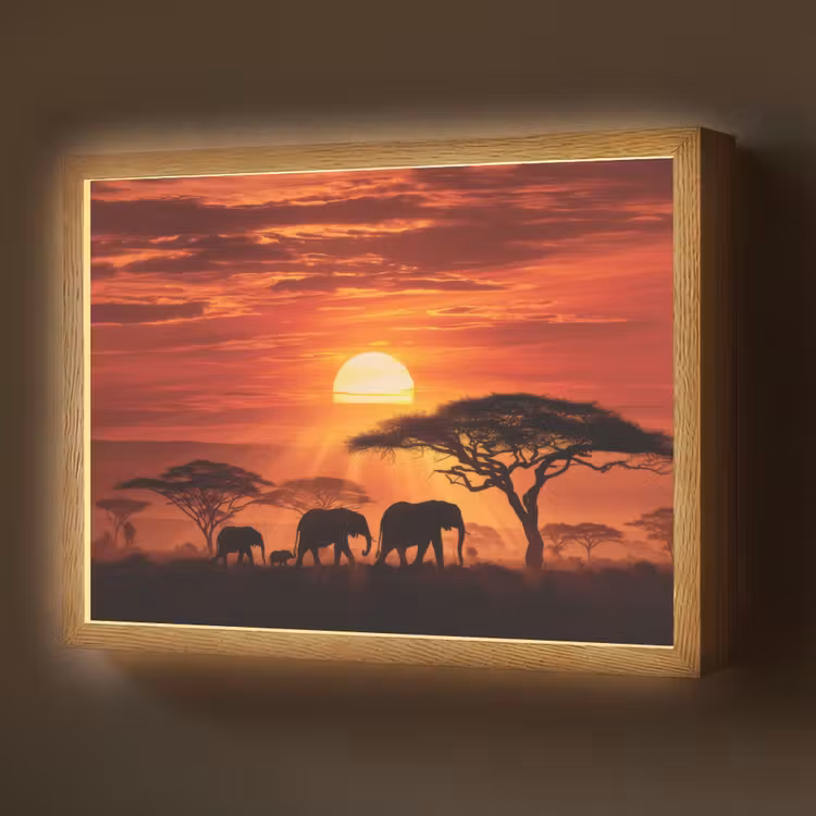 Lightbox - Wandlamp - Savanne - Olifanten - Zonsondergang — 1