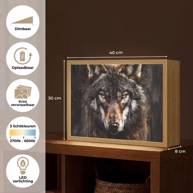 Lightbox - Wandlamp - Dieren - Wolf - Portret - Zwart - Bruin — 10