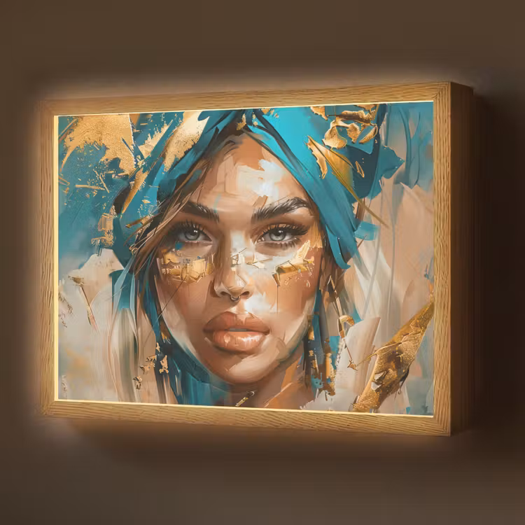 Lightbox - Wandlamp - Vrouw - Portret - Goud - Luxe - Blauw — 1