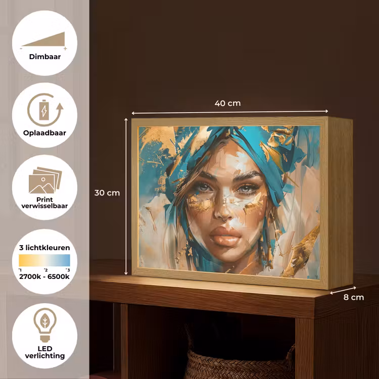 Lightbox - Wandlamp - Vrouw - Portret - Goud - Luxe - Blauw — 10