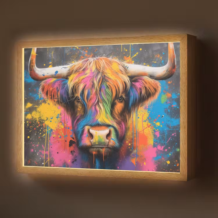 Lightbox - Wandlamp - Graffiti - Schotse hooglander - Koe - Kleurrijk — 1