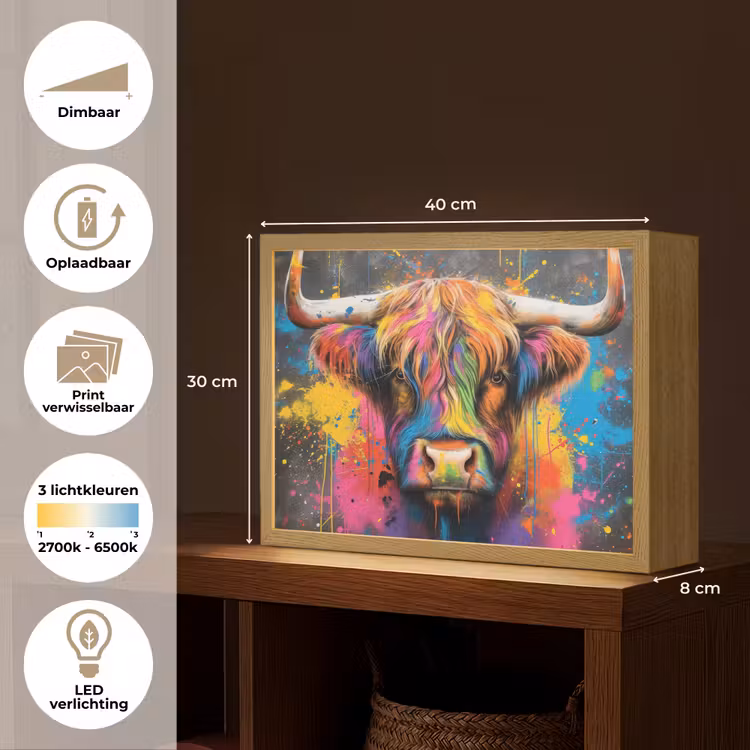 Lightbox - Wandlamp - Graffiti - Schotse hooglander - Koe - Kleurrijk — 10