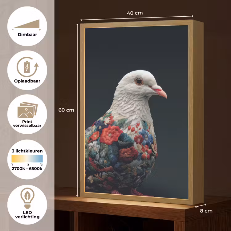 Lightbox - Wandlamp - Duif - Bloemen - Wit - Zwart — 10