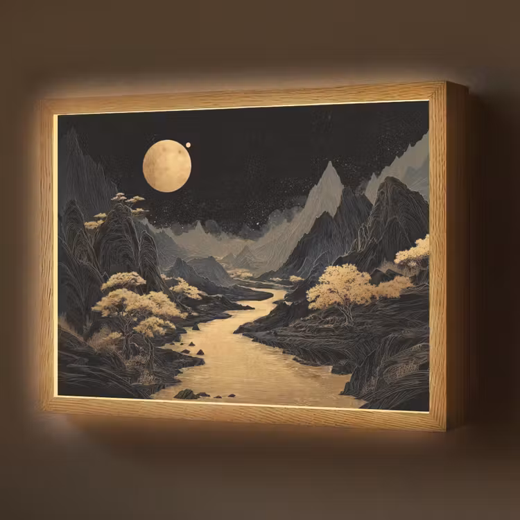 Lightbox - Wandlamp - Gouden rivier - Bergen - Maan - Sterrenhemel — 1
