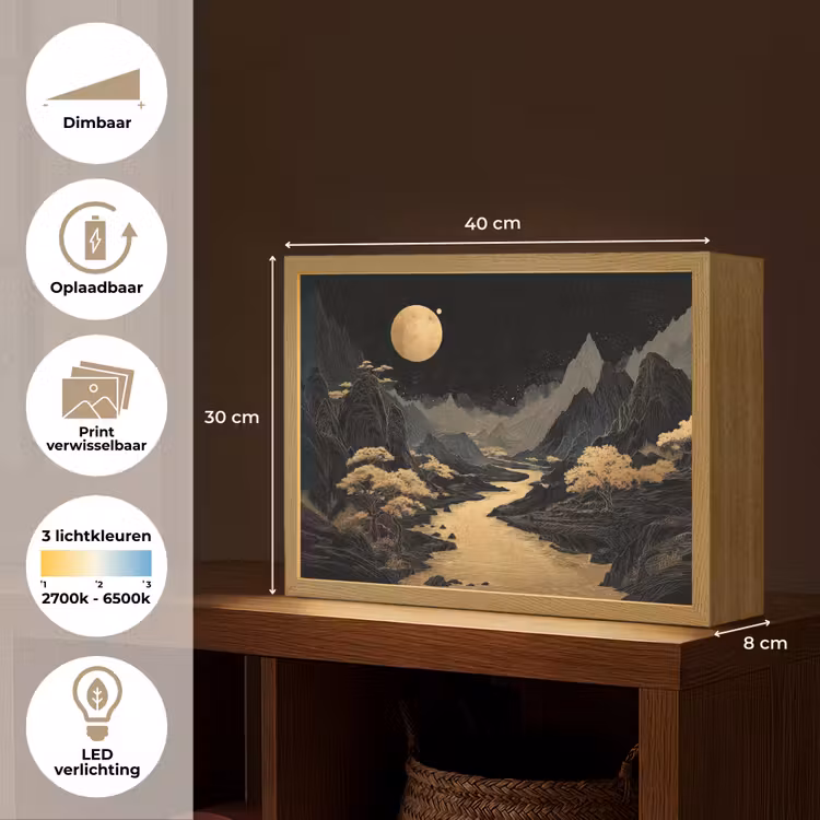 Lightbox - Wandlamp - Gouden rivier - Bergen - Maan - Sterrenhemel — 10