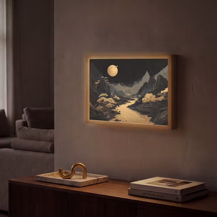 Lightbox - Wandlamp - Gouden rivier - Bergen - Maan - Sterrenhemel — 2