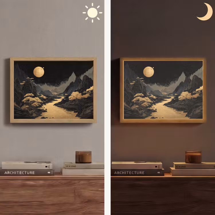 Lightbox - Wandlamp - Gouden rivier - Bergen - Maan - Sterrenhemel — 6