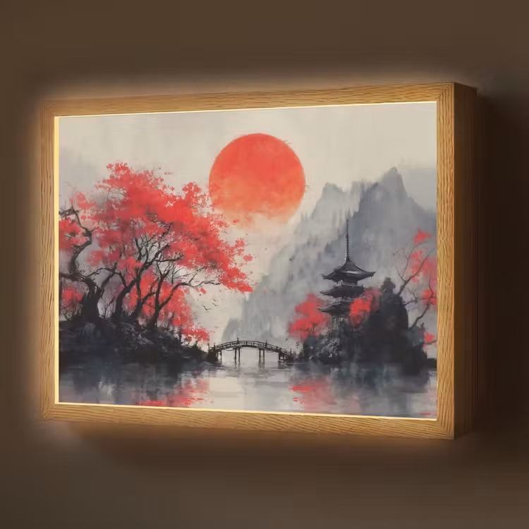 Lightbox - Wandlamp - Rode zon - Rivier - brug - Bomen — 1