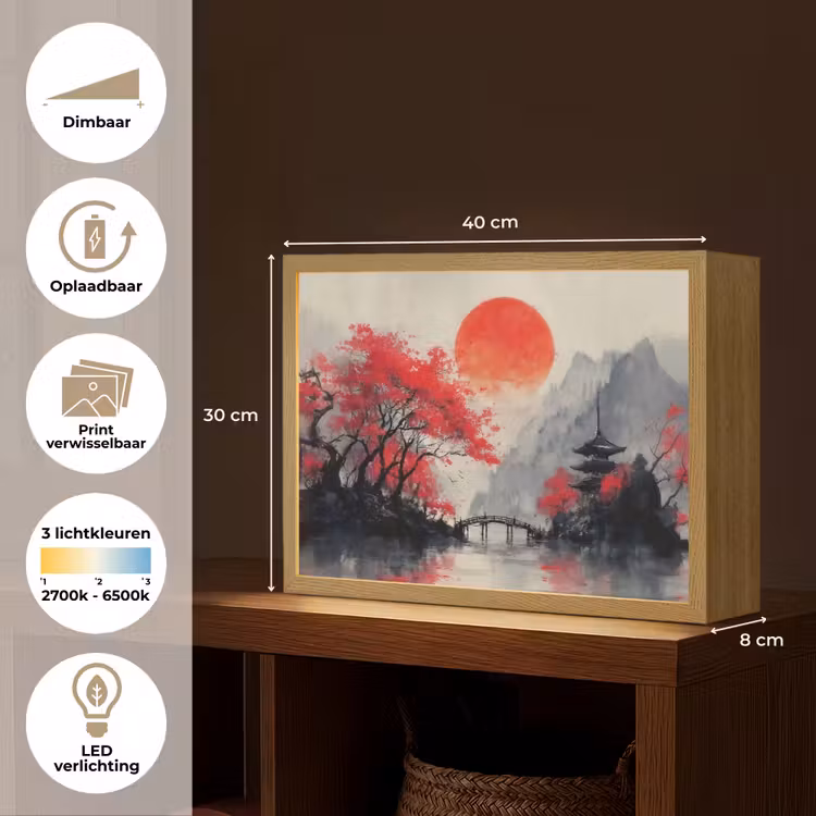 Lightbox - Wandlamp - Rode zon - Rivier - brug - Bomen — 10
