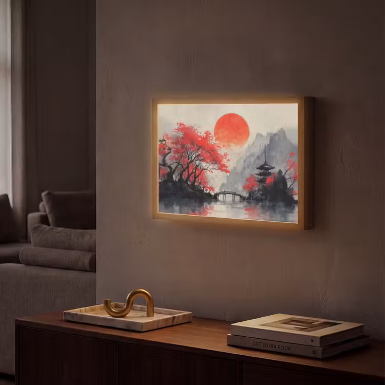 Lightbox - Wandlamp - Rode zon - Rivier - brug - Bomen — 2