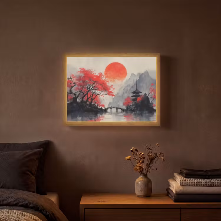Lightbox - Wandlamp - Rode zon - Rivier - brug - Bomen — 3