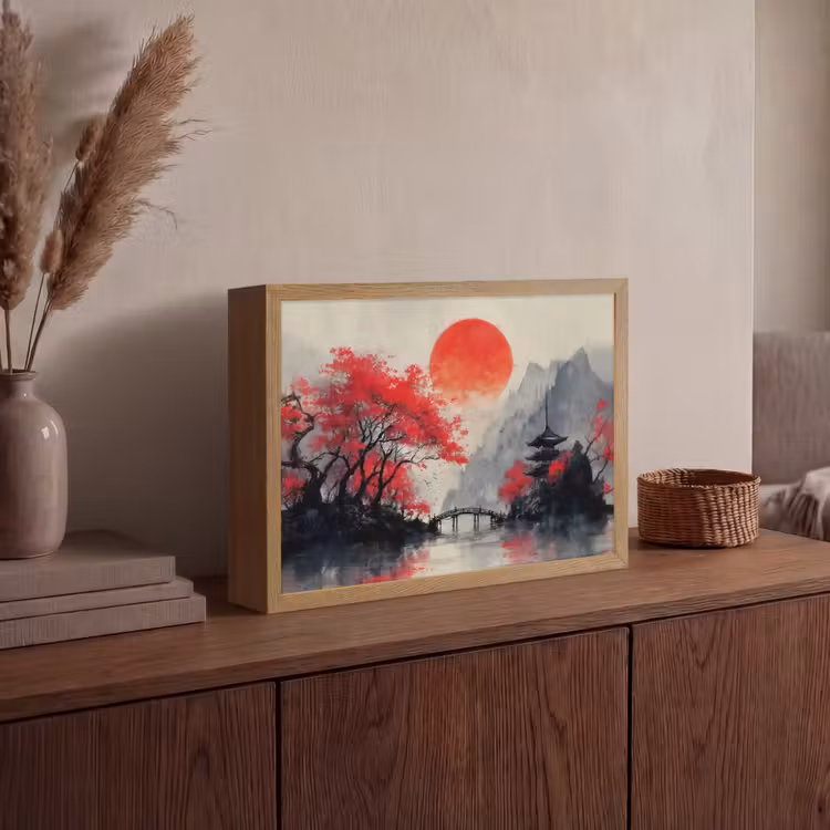 Lightbox - Wandlamp - Rode zon - Rivier - brug - Bomen — 4