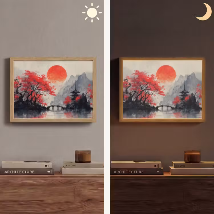 Lightbox - Wandlamp - Rode zon - Rivier - brug - Bomen — 6