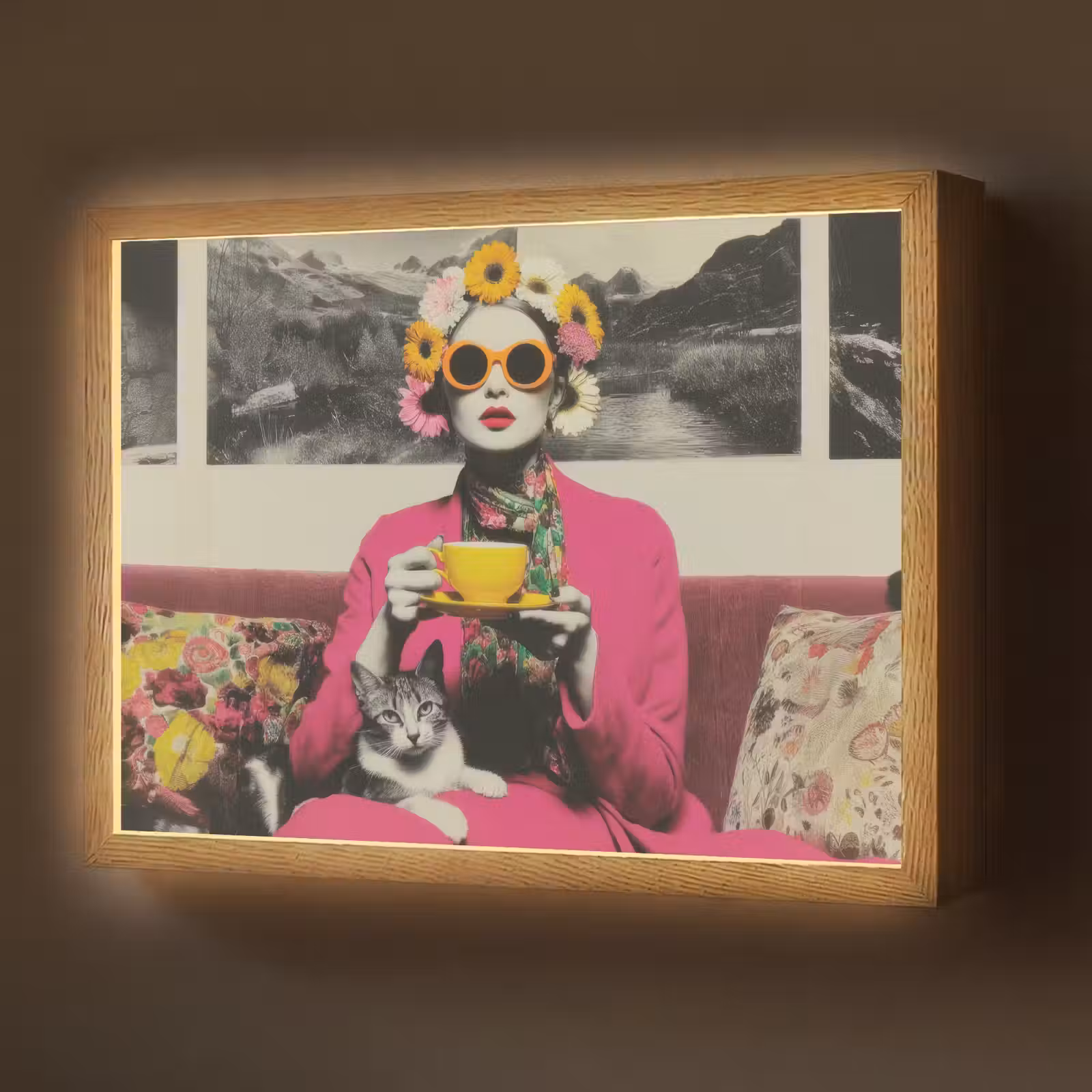 Lightbox - Wandlamp - Vrouw - Kat - Bloemen - Kopje - Retro — 1