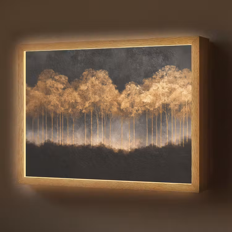 Lightbox - Wandlamp - Gouden Bomen in Mistig Landschap — 1