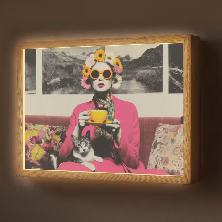 Lightbox - Wandlamp - Vrouw - Kat - Bloemen - Kopje - Retro — 1
