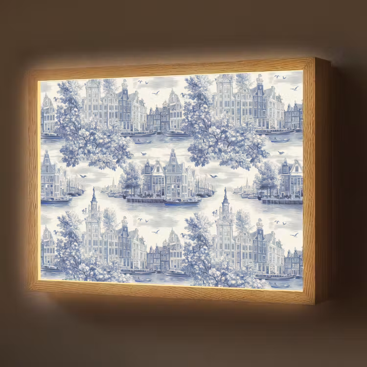 Lightbox - Wandlamp - Huizen - Bomen - Water - Vogels - Blauw — 1