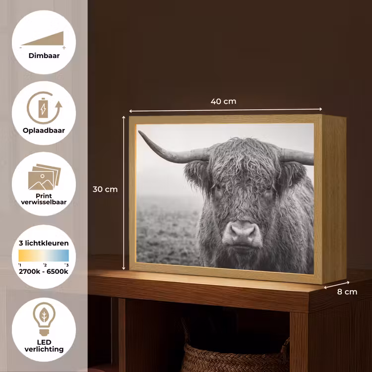 Lightbox - Wandlamp - Schotse hooglander - Zwart - Wit - Gras — 10
