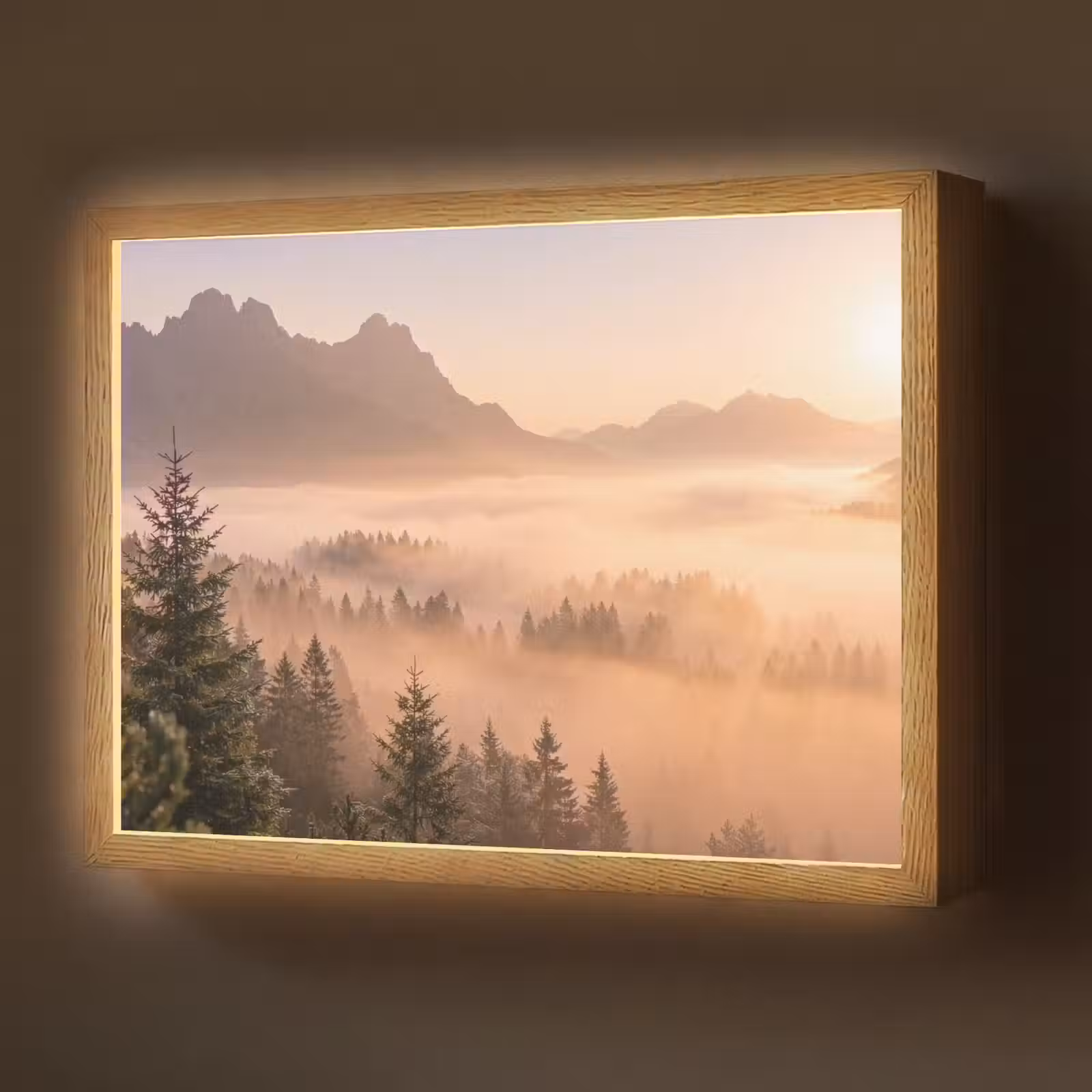 Lightbox - Wandlamp - Zonlicht - Mist - Bergen - Bomen — 1