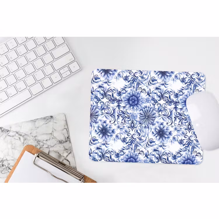 Muismat - Bloemen - Blauw - Patroon - Wit — 2
