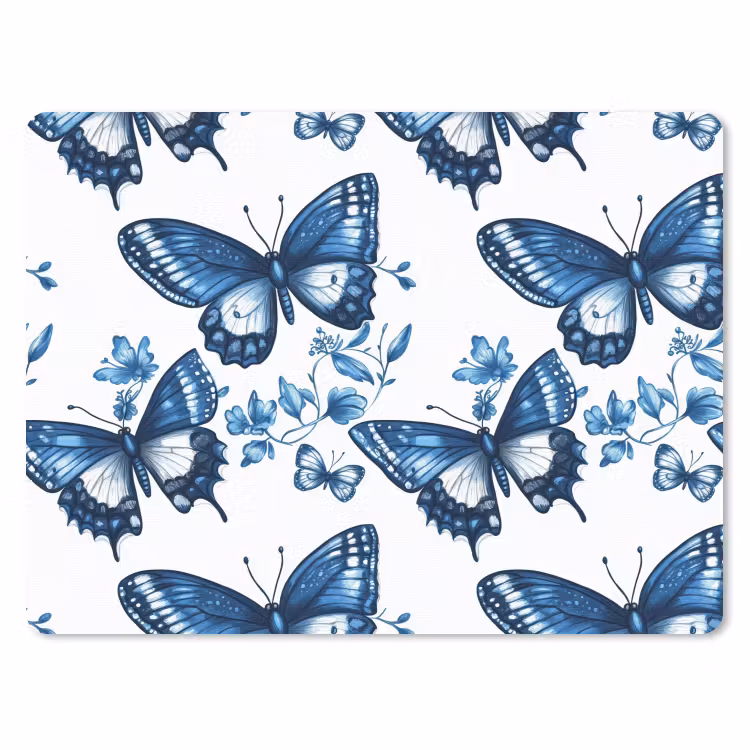 Muismat - Blauw - Vlinders - Bloemen - Wit — 1
