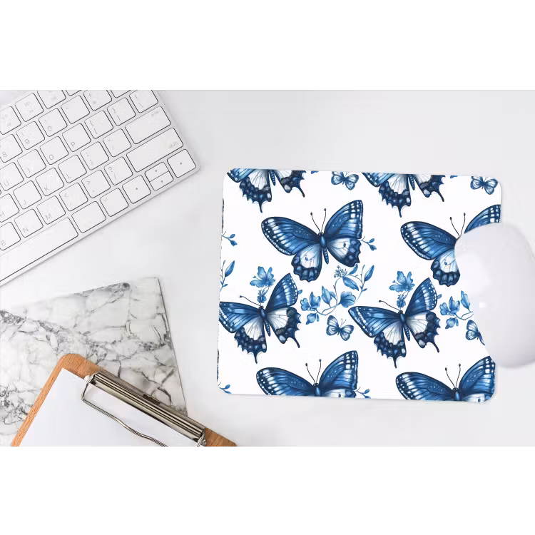 Muismat - Blauw - Vlinders - Bloemen - Wit — 2