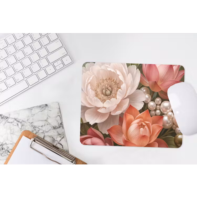 Muismat - Bloemen - Parels - Elegant - Roze - Wit — 2