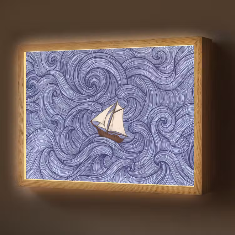 Lightbox - Wandlamp - Schip - Golven - Zee - Illustratie - Blauw — 1