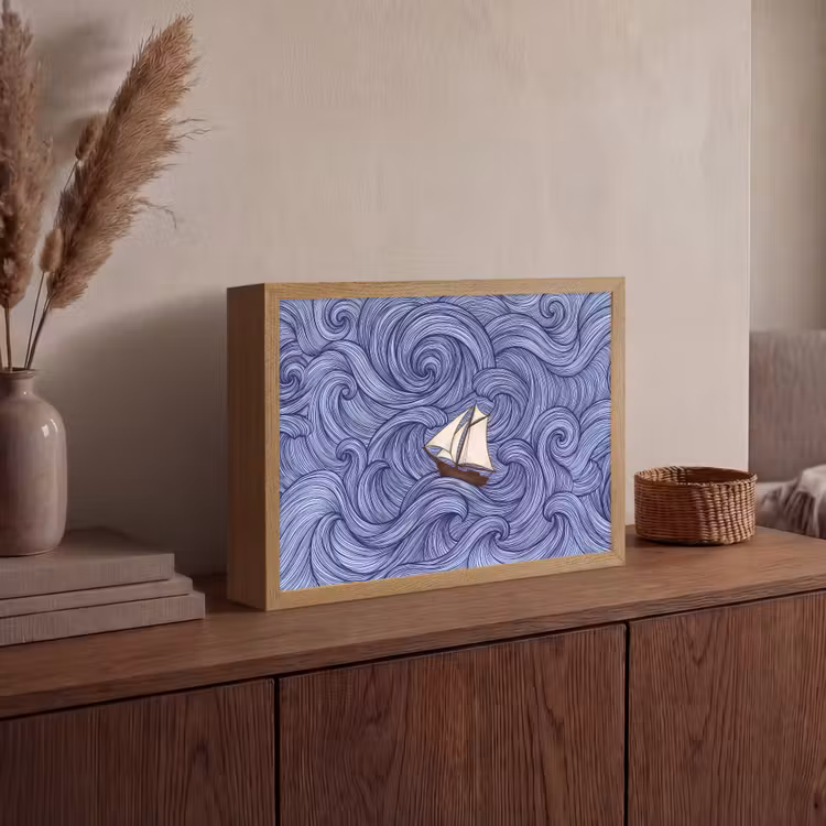 Lightbox - Wandlamp - Schip - Golven - Zee - Illustratie - Blauw — 4