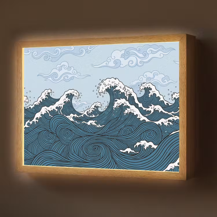 Lightbox - Wandlamp - Zee - Golven - Japans - Natuur - Blauw — 1