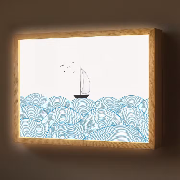 Lightbox - Wandlamp - Zeilboot - Golven - Zee - Illustratie - Blauw — 1