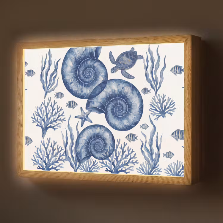 Lightbox - Wandlamp - Schelp - Spiraal - Zeeleven - Aquarel - Blauw — 1